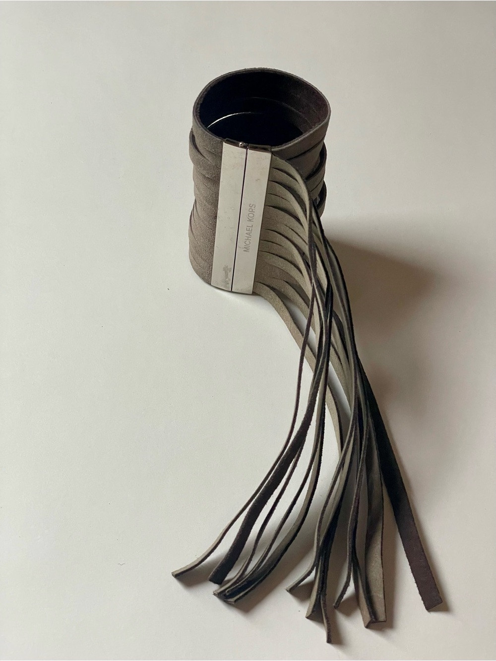 Michael Kors Stone / Brown Leather Fringe Cuff Bracelet with Silver Accent